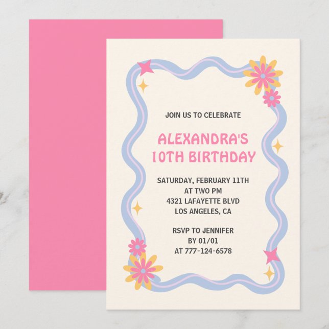 10th birthday invitation Retro Groovy Pink Flowers (Front/Back)