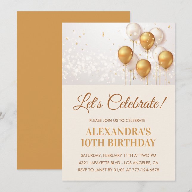 10th birthday invitations Balloons Gold (Front/Back)