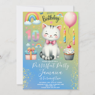 10th Birthday Kitten Rainbow Party Invitation