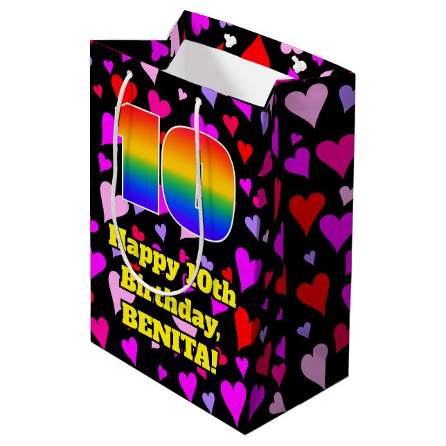 10th Birthday: Loving Hearts Pattern, Rainbow # 10 Medium Gift Bag (Back Angled)