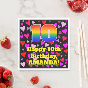 10th Birthday: Loving Hearts Pattern, Rainbow # 10 Napkin
