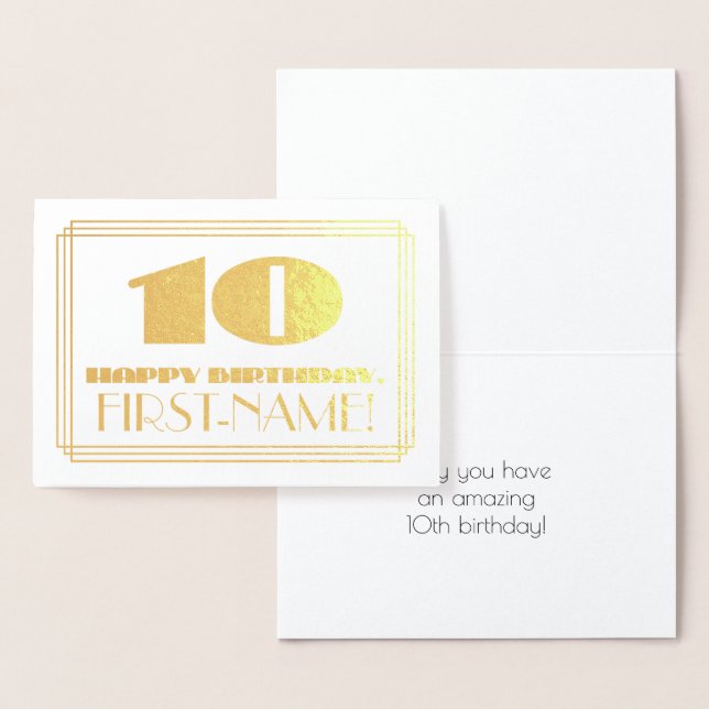 10th Birthday; Name + Art Deco Inspired Look "10" Foil Card (Display)