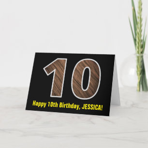 10th Birthday: Name + Faux Wood Grain Pattern "10" Card