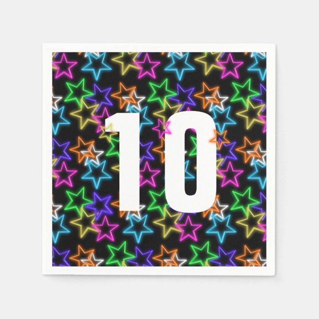 10th Birthday Neon Stars On Black   Napkin (Front)