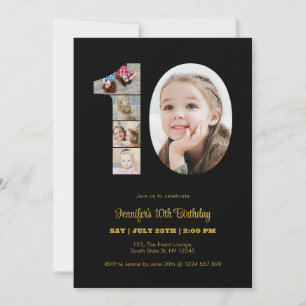10th Birthday Number 10 Photo Collage Modern Black Invitation