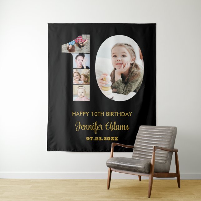 10th Birthday Number 10 Photo Collage Modern Black Tapestry (In Situ)
