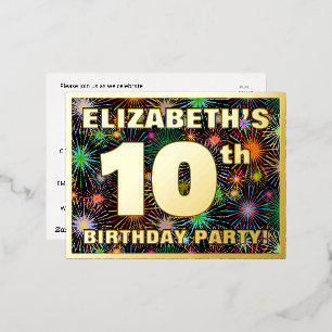 10th Birthday Party: Bold, Colourful Fireworks Loo Foil Invitation Postcard