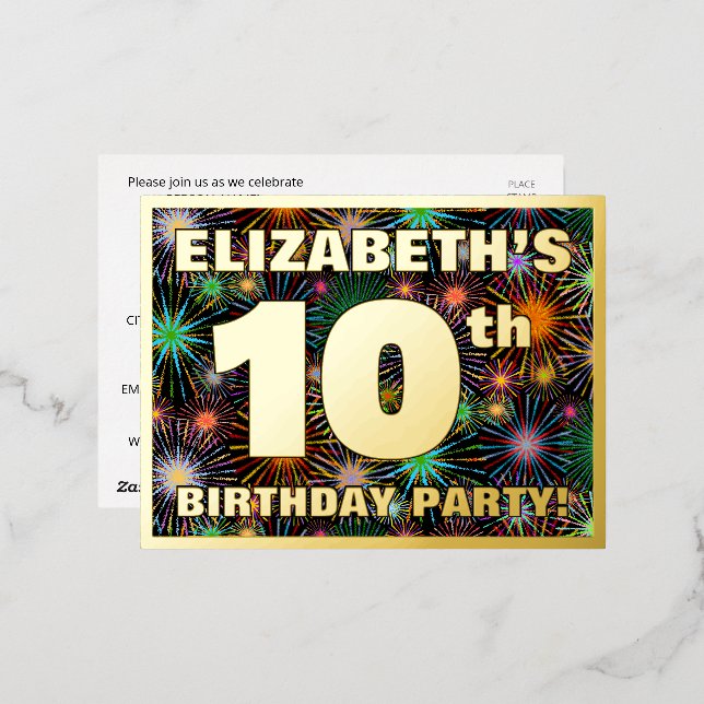 10th Birthday Party: Bold, Colourful Fireworks Loo Foil Invitation Postcard (Front/Back)