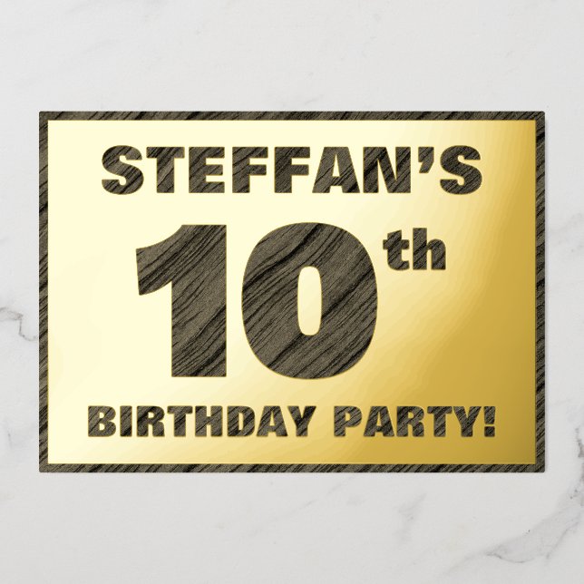 10th Birthday Party — Bold, Faux Wood Grain Text F (Front)