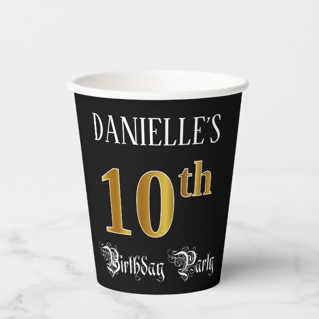 10th Birthday Party — Fancy Script, Faux Gold Look Paper Cups (Front)