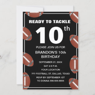 10th Birthday Party Football Black Sport Kids Boy Invitation