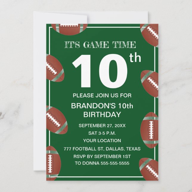 10th Birthday Party Football Green Sport Kids Boy Invitation (Front)