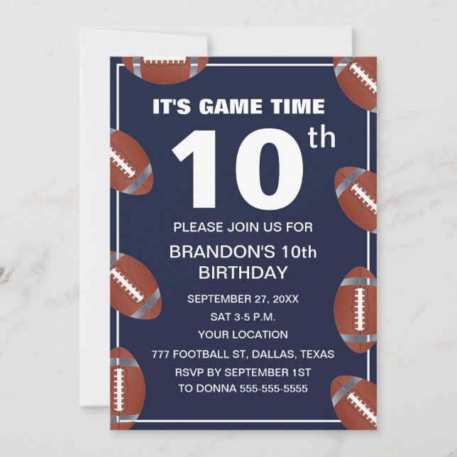 10th Birthday Party Football Navy Sport Kids Boy Invitation (Front)