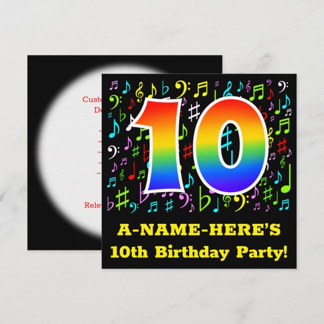 10th Birthday Party: Fun Music Symbols, Rainbow 10 Invitation (Front/Back)