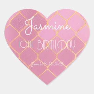 10th Birthday Party Girl Gold Pink Glitter Pattern Heart Sticker