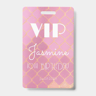 10th Birthday Party Girl Gold Pink Glitter Pattern ID Badge