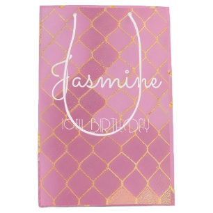 10th Birthday Party Girl Gold Pink Glitter Pattern Medium Gift Bag
