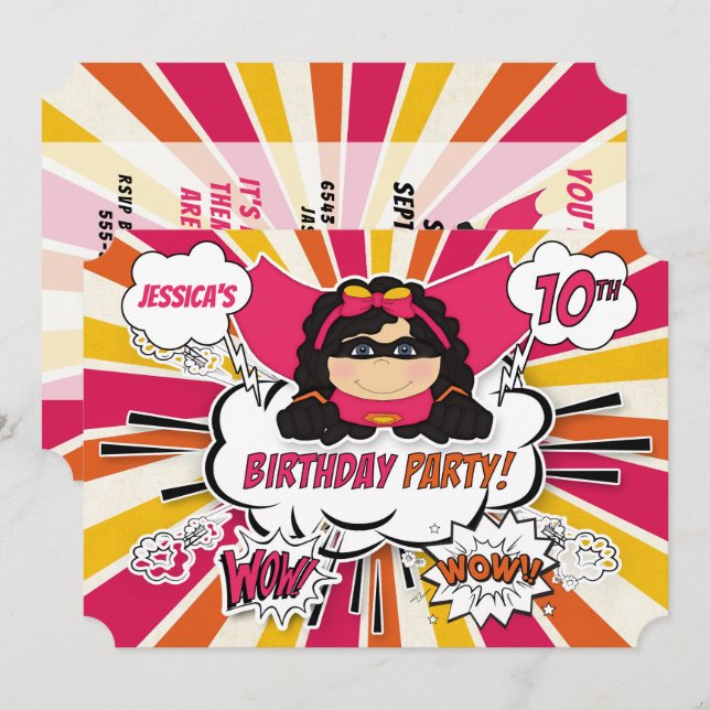 10th Birthday Party Girls Superhero Pink Comic Invitation (Front/Back)