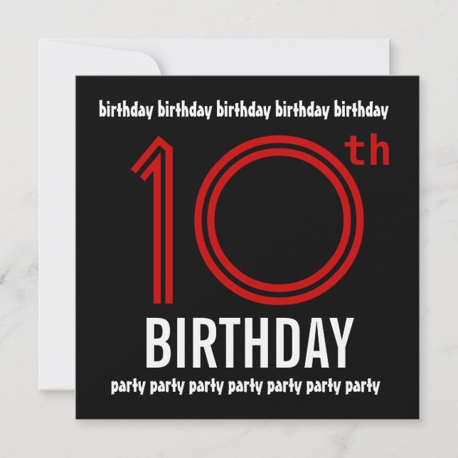 10th Birthday Party Modern Red and Black Invitation (Front)