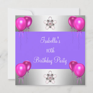 10th Birthday Party Pink Balloons Silver Purple Invitation