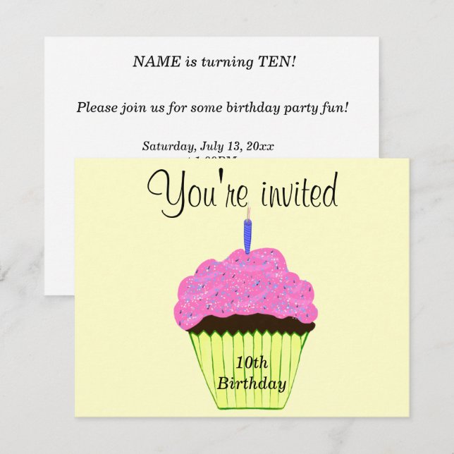 10th Birthday Party Pink Cupcake - Customise Invitation (Front/Back)