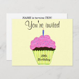 10th Birthday Party Pink Cupcake - Customise Invitation