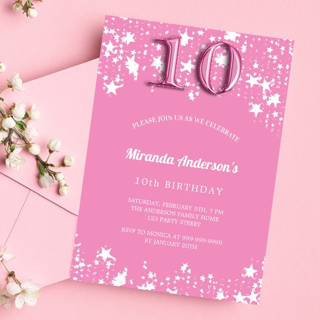 10th Birthday party pink white stars girl Invitation Postcard (Creator Uploaded)