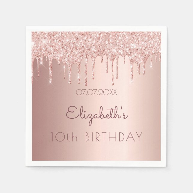 10th birthday party rose gold drips 10 girl pink napkin (Front)