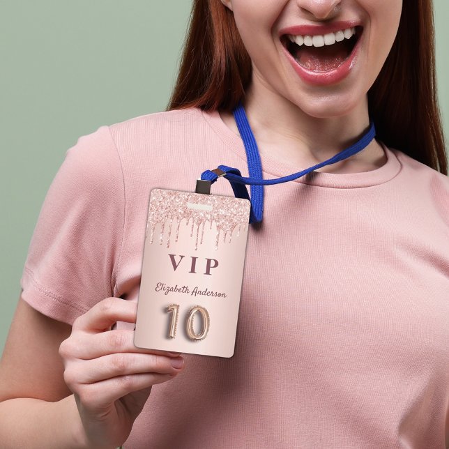 10th birthday party rose gold glitter pink vip ID badge (Creator Uploaded)