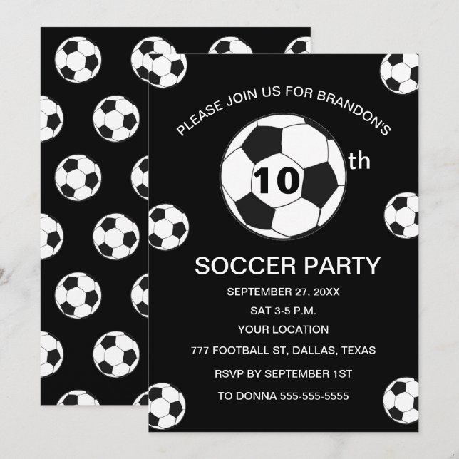 10th Birthday Party Soccer Black Boys Sports Invitation (Front/Back)