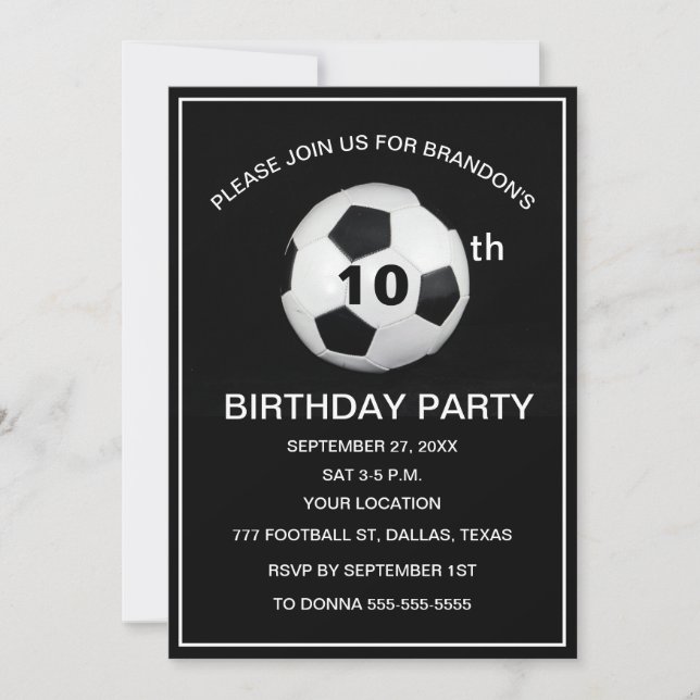 10th Birthday Party Soccer Black Boys Sports Invitation (Front)