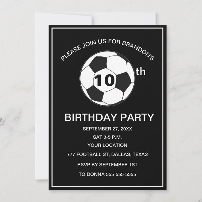 10th Birthday Party Soccer Black Boys Sports Invitation (Front)