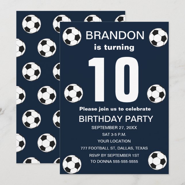 10th Birthday Party Soccer Blue Boys Sports Invitation (Front/Back)