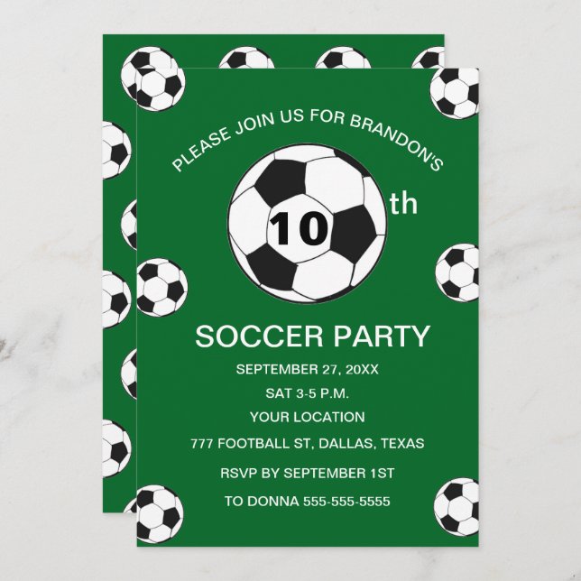 10th Birthday Party Soccer Green Boys Sports Invitation (Front/Back)