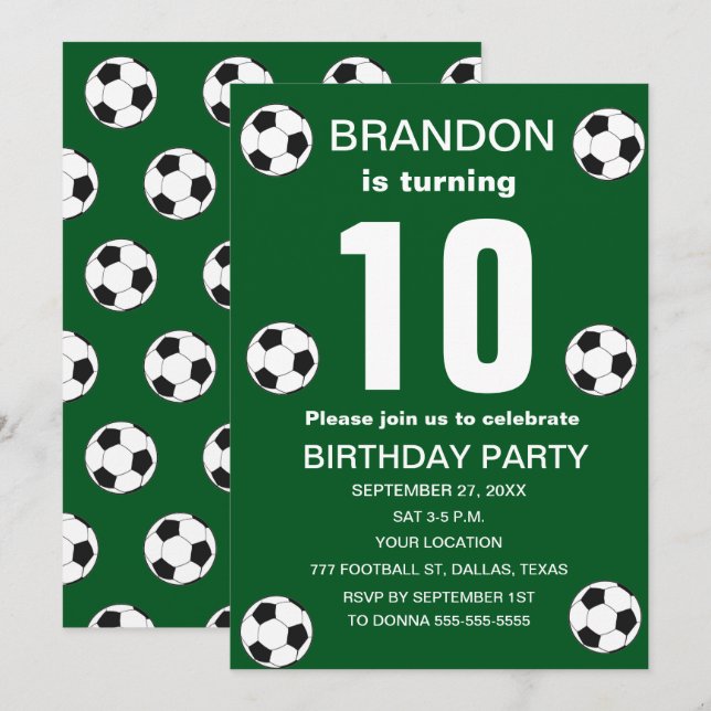 10th Birthday Party Soccer Green Boys Sports Invitation (Front/Back)
