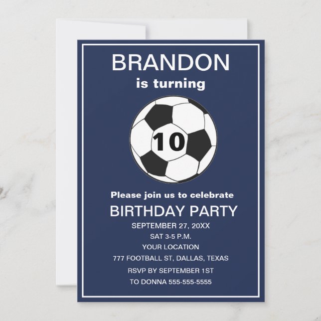 10th Birthday Party Soccer Navy Blue Boys Sports Invitation (Front)