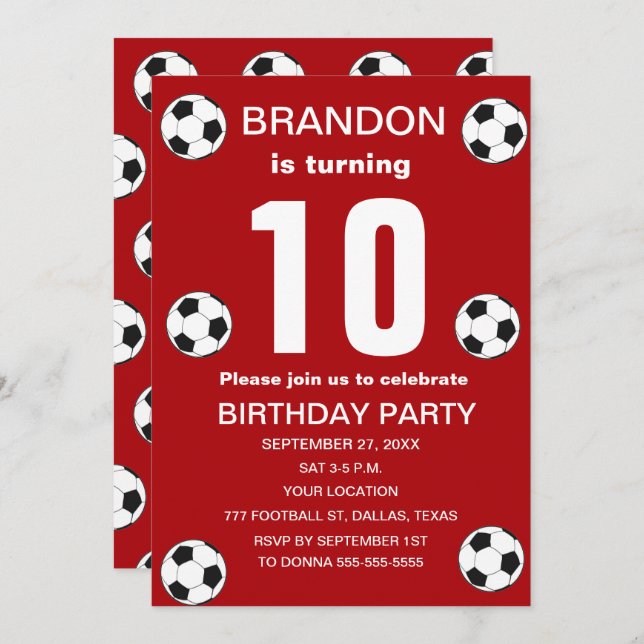 10th Birthday Party Soccer Red Boys Sports Invitation (Front/Back)