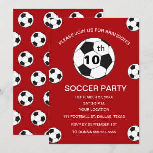 10th Birthday Party Soccer Red Boys Sports Invitation