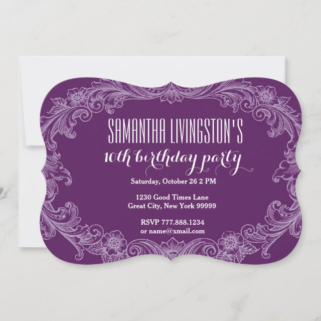 10th Birthday Party Template Purple Vintage V06 (Front)