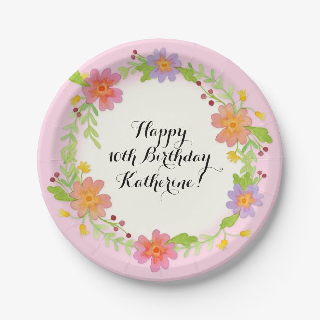 10th Birthday Party Watercolor Modern Floral Paper Plate (Front)