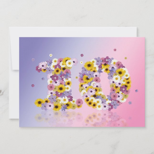 10th Birthday party, with flowered letters Invitation (Front)