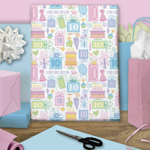 10th Birthday Pastel Pink Cake Presents Balloons  Wrapping Paper Sheet