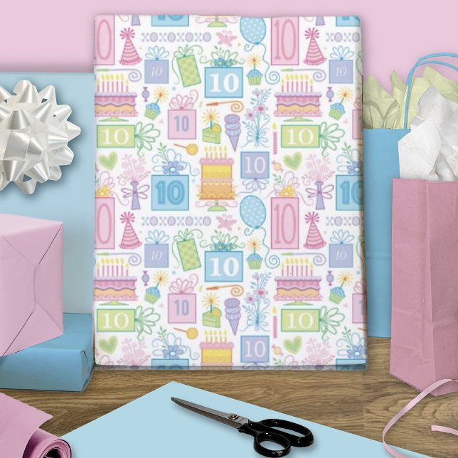 10th Birthday Pastel Pink Cake Presents Balloons  Wrapping Paper Sheet (Creator Uploaded)