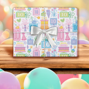 10th Birthday Pastel Pink Cake Presents Balloons Wrapping Paper Sheet