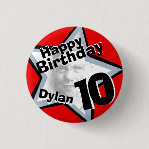 10th Birthday photo Boys red grey button/badge 3 Cm Round Badge