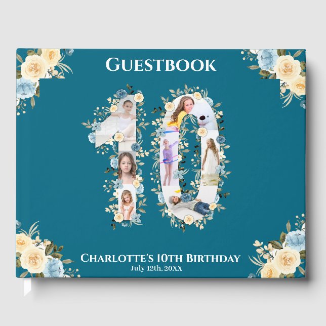 10th Birthday Photo Collage Teal Yellow Flower Guest Book (Front)