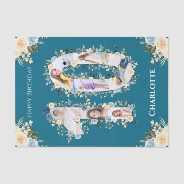 10th Birthday Photo Collage Teal Yellow Flower Tissue Paper (Front)