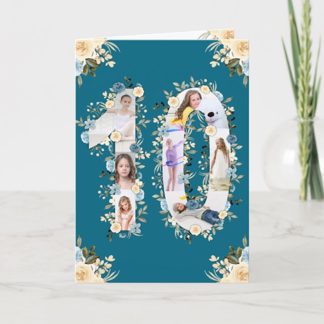 10th Birthday Photo Collage Yellow Flower Teal Card (Front)
