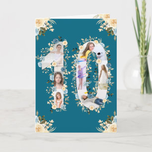 10th Birthday Photo Collage Yellow Flower Teal Card