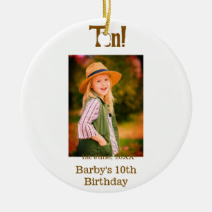 10th birthday photo name date simple brown beige b ceramic tree decoration